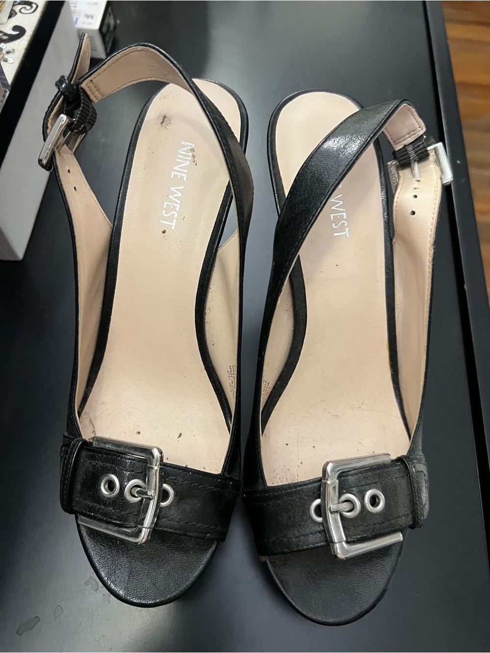 Nine West Black Leather Buckle Slingback Heels